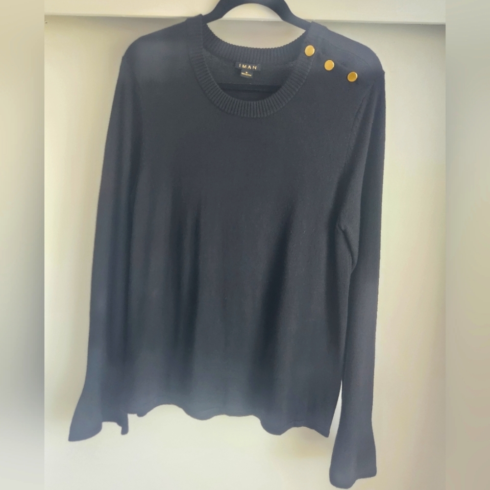 IMAN Women's Black Sweater with Gold Button Accents and Flaired Sleeves M